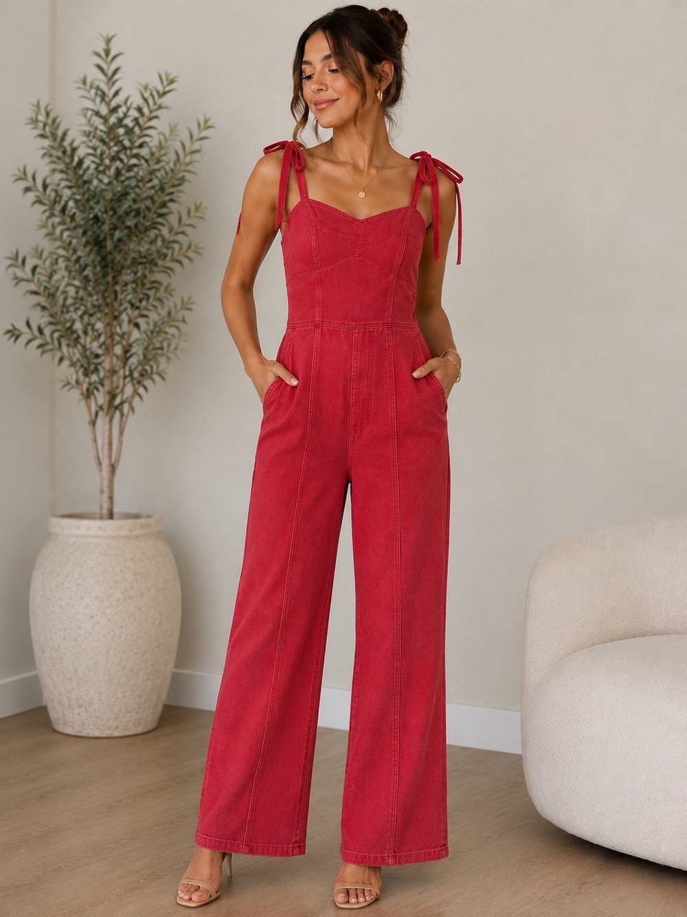 Red Wide-Leg Jumpsuit Tie-Shoulder Love, Fire Size Medium